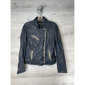 Mauritius Leather Jacket Womens Medium Blue Moto Biker Zip Buckle Sofia 4 RF
